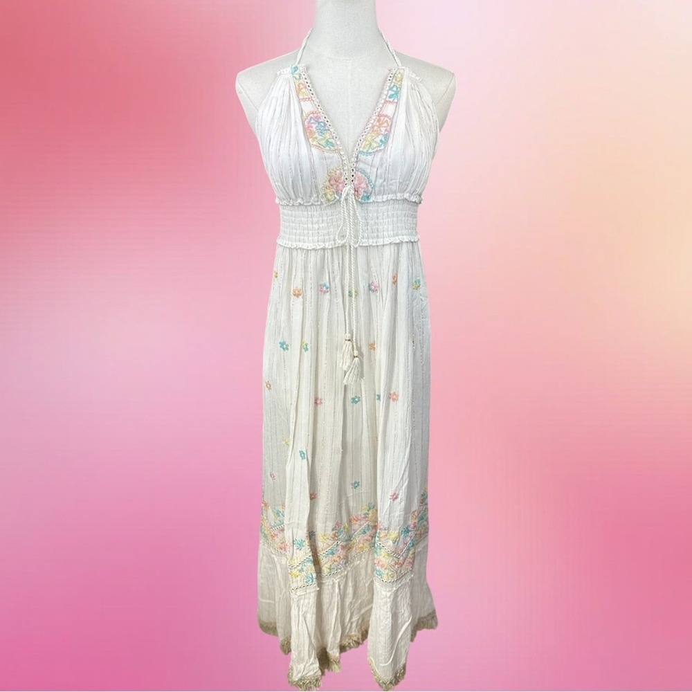 Ananta‎ NWT Elegant Bohemian Size L/XL pastel& White Halter Maxi Dress - Picture 2 of 16